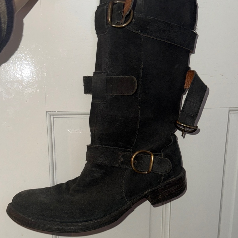 Fiorentini + Baker Black Suede Buckle Mid-Calf Boots